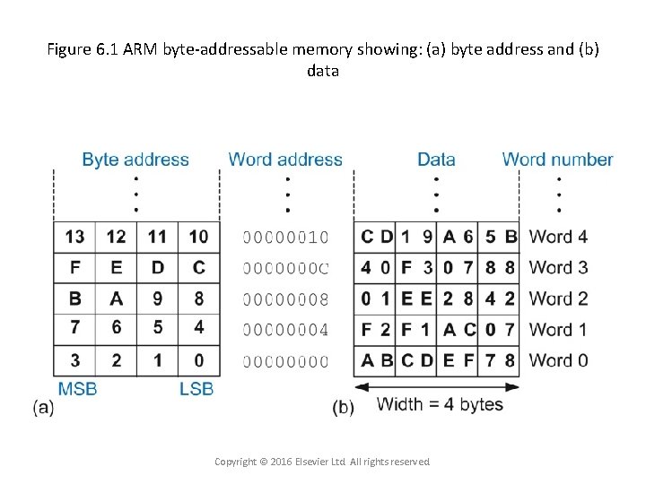 Figure 6. 1 ARM byte-addressable memory showing: (a) byte address and (b) data Copyright