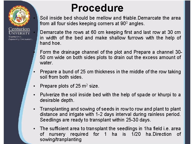 Procedure • Soil inside bed should be mellow and friable. Demarcate the area from