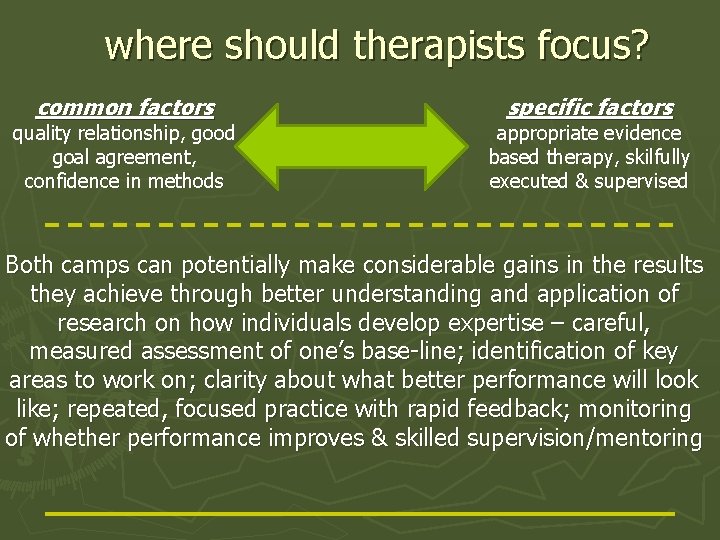 where should therapists focus? common factors quality relationship, good goal agreement, confidence in methods