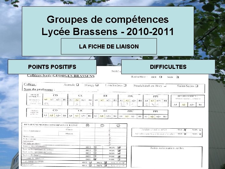 Groupes de compétences Lycée Brassens - 2010 -2011 LA FICHE DE LIAISON POINTS POSITIFS