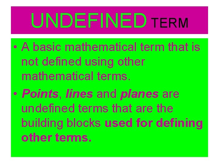 UNDEFINED TERM • A basic mathematical term that is not defined using other mathematical
