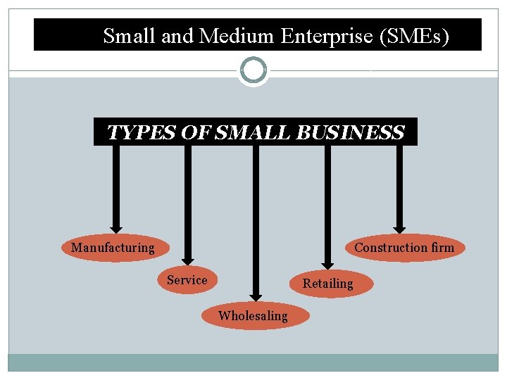 Small and Medium Enterprise (SMEs) TYPES OF SMALL BUSINESS Manufacturing Construction firm Service Retailing