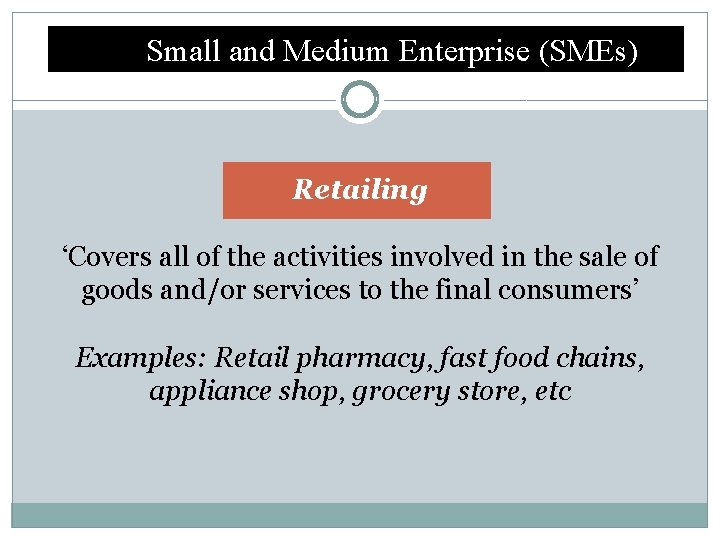 Small and Medium Enterprise (SMEs) Retailing ‘Covers all of the activities involved in the