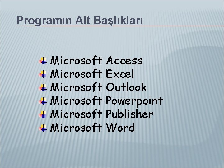 Programın Alt Başlıkları Microsoft Access Microsoft Excel Microsoft Outlook Microsoft Powerpoint Microsoft Publisher Microsoft