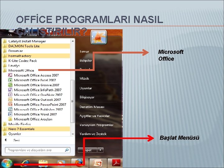 OFFİCE PROGRAMLARI NASIL ÇALIŞTIRILIR? Microsoft Office Başlat Menüsü 