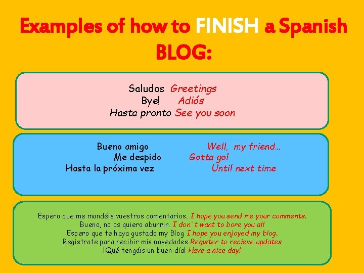 Examples of how to FINISH a Spanish BLOG: Saludos Greetings Bye! Adiós Hasta pronto Examples of how to FINISH a Spanish BLOG: Saludos Greetings Bye! Adiós Hasta pronto