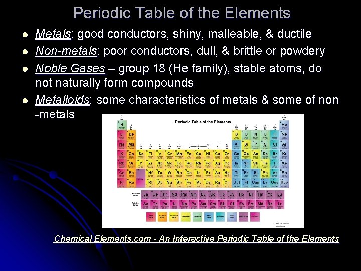 Periodic Table of the Elements l l Metals: good conductors, shiny, malleable, & ductile