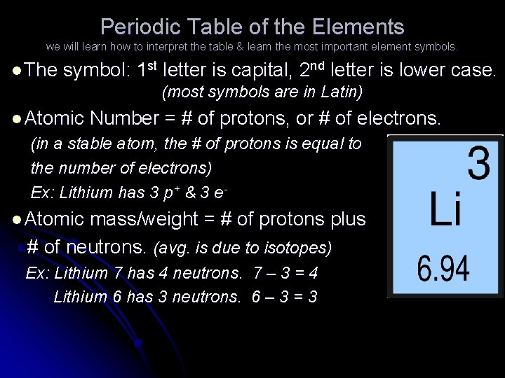 Periodic Table of the Elements we will learn how to interpret the table &