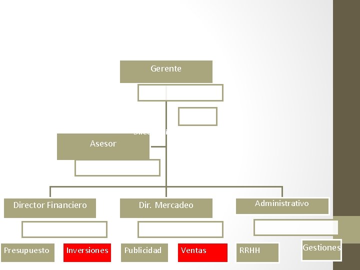 Gerente Director Financiero Asesor Director Financiero Presupuesto Inversiones Dir. Mercadeo Publicidad Ventas Administrativo RRHH