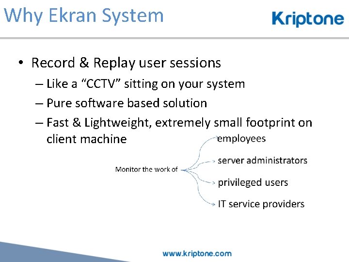 Why Ekran System • Record & Replay user sessions – Like a “CCTV” sitting