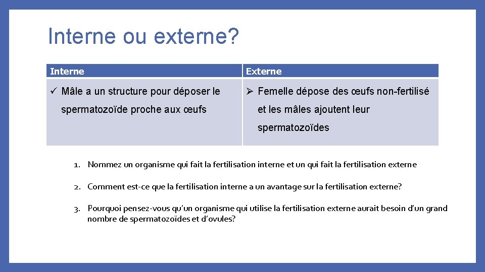 Interne ou externe? Interne Externe ü Mâle a un structure pour déposer le Ø