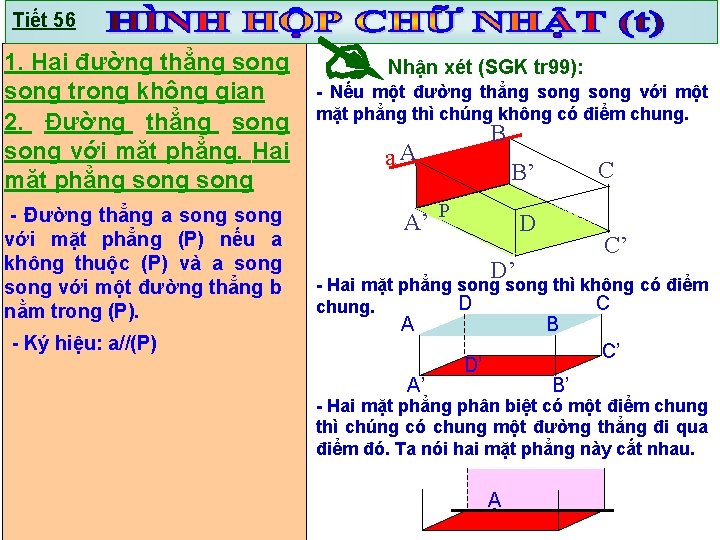 Tiết 56 1. Hai đường thẳng song trong không gian 2. Đường thẳng song