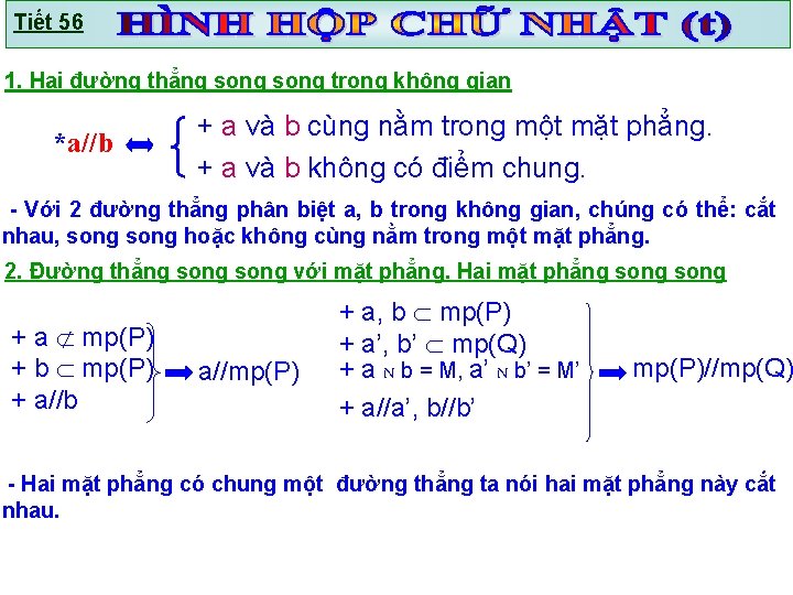 Tiết 56 1. Hai đường thẳng song trong không gian *a//b + a và