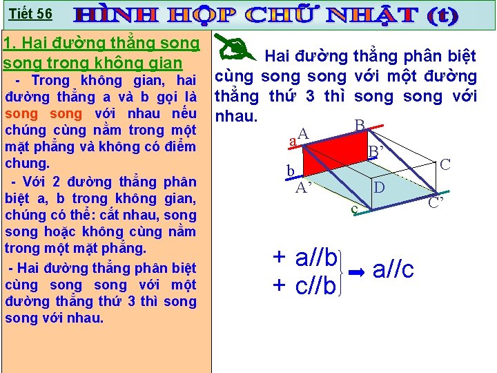 Tiết 56 1. Hai đường thẳng song trong không gian - Trong không gian,