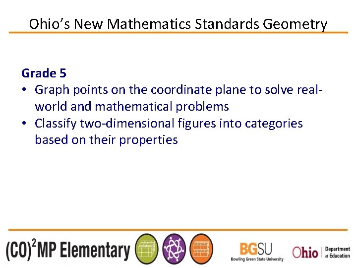 Ohio’s New Mathematics Standards Geometry Grade 5 • Graph points on the coordinate plane