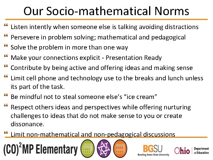 Our Socio-mathematical Norms Listen intently when someone else is talking avoiding distractions Persevere in