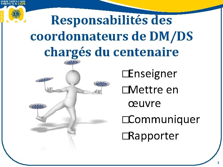 Responsabilités des coordonnateurs de DM/DS chargés du centenaire �Enseigner �Mettre en œuvre �Communiquer �Rapporter