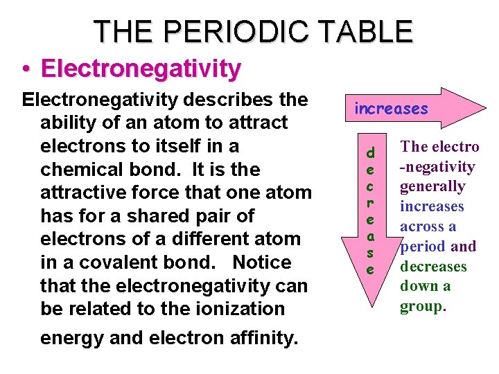 THE PERIODIC TABLE • Electronegativity describes the ability of an atom to attract electrons
