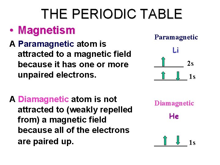 THE PERIODIC TABLE • Magnetism A Paramagnetic atom is attracted to a magnetic field