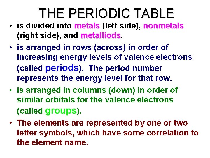 THE PERIODIC TABLE • is divided into metals (left side), nonmetals (right side), and