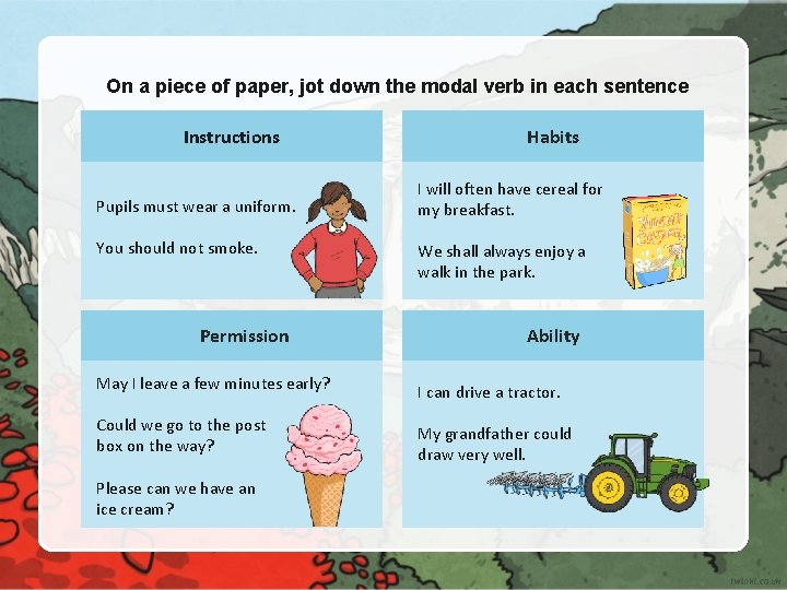 On a piece of paper, jot down the modal verb in each sentence Instructions