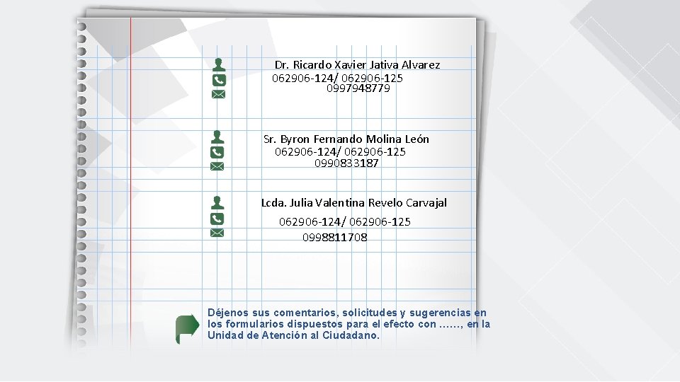 Dr. Ricardo Xavier Jativa Alvarez 062906 -124/ 062906 -125 0997948779 Sr. Byron Fernando Molina