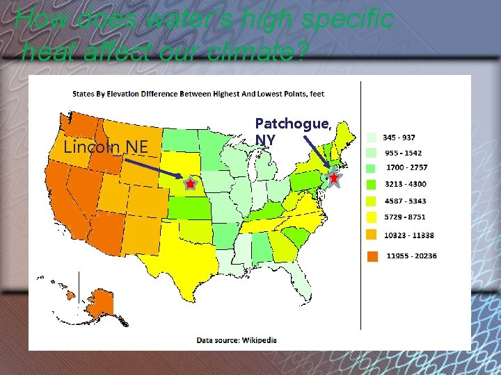 How does water’s high specific heat affect our climate? Lincoln NE Patchogue, NY 
