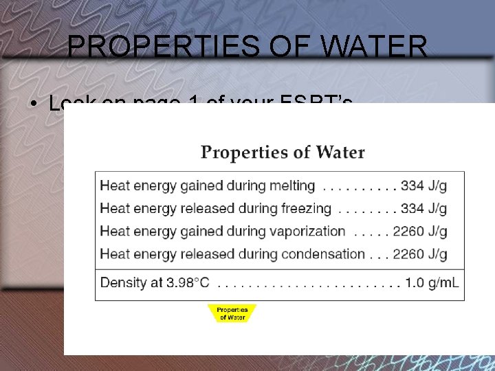 PROPERTIES OF WATER • Look on page 1 of your ESRT’s 