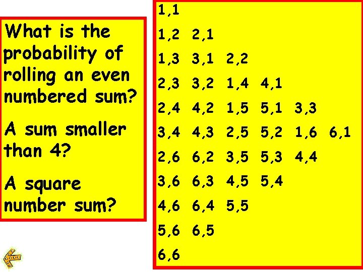 What is the probability of rolling an even numbered sum? A sum smaller than