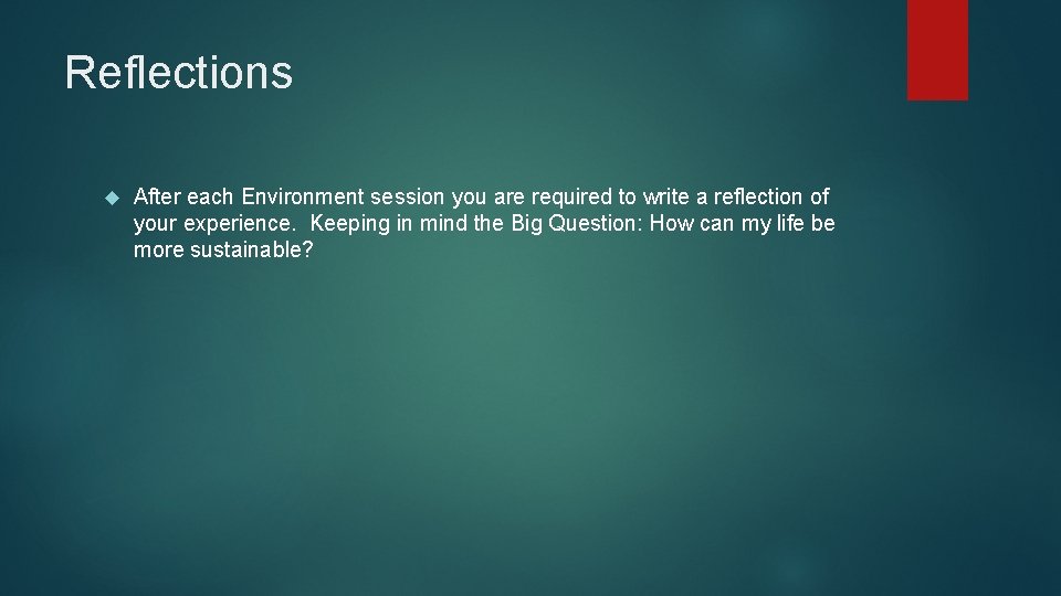 Reflections After each Environment session you are required to write a reflection of your