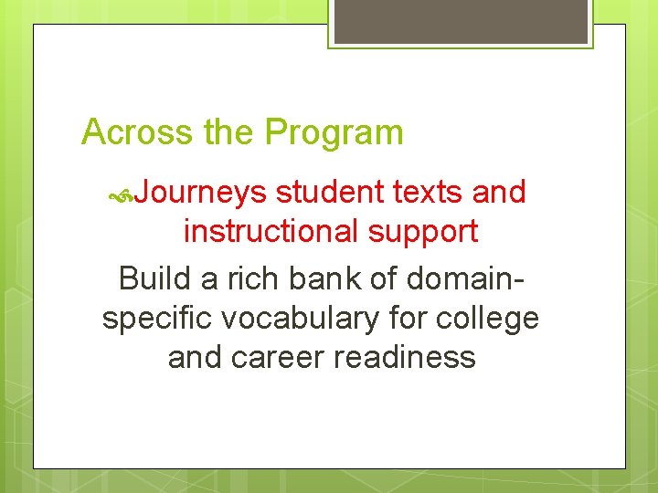 Across the Program Journeys student texts and instructional support Build a rich bank of