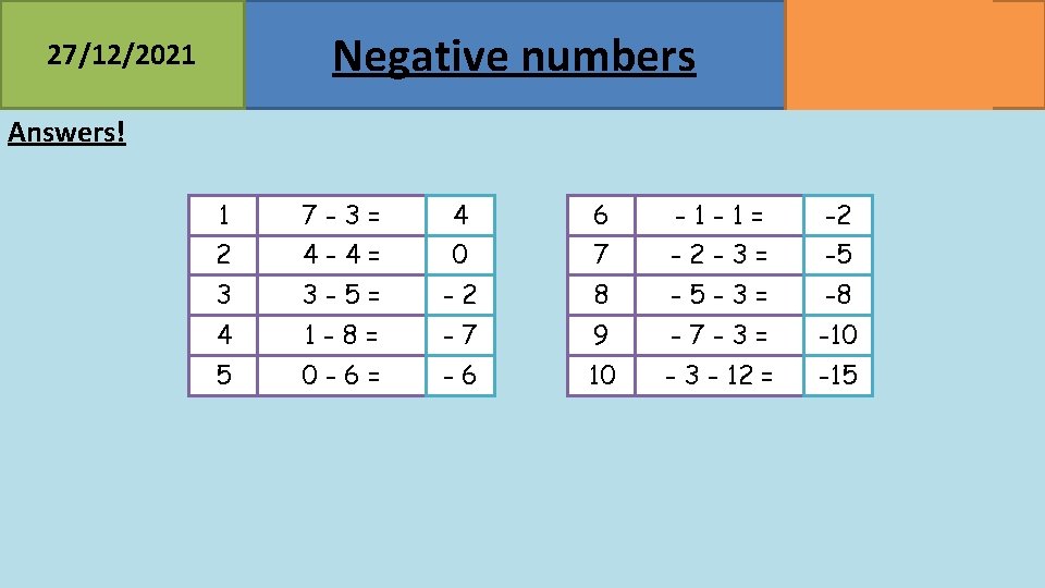 Negative numbers 27/12/2021 MATHSWATCH CLIP 23, 68 GRADE 2, 3 Answers! 1 7 -3=