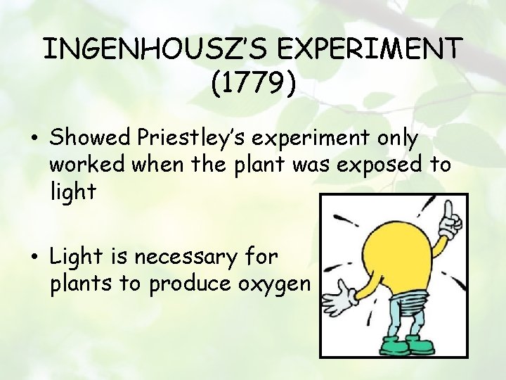 INGENHOUSZ’S EXPERIMENT (1779) • Showed Priestley’s experiment only worked when the plant was exposed