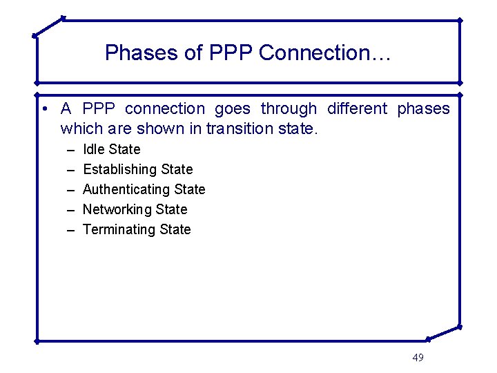 Phases of PPP Connection… • A PPP connection goes through different phases which are