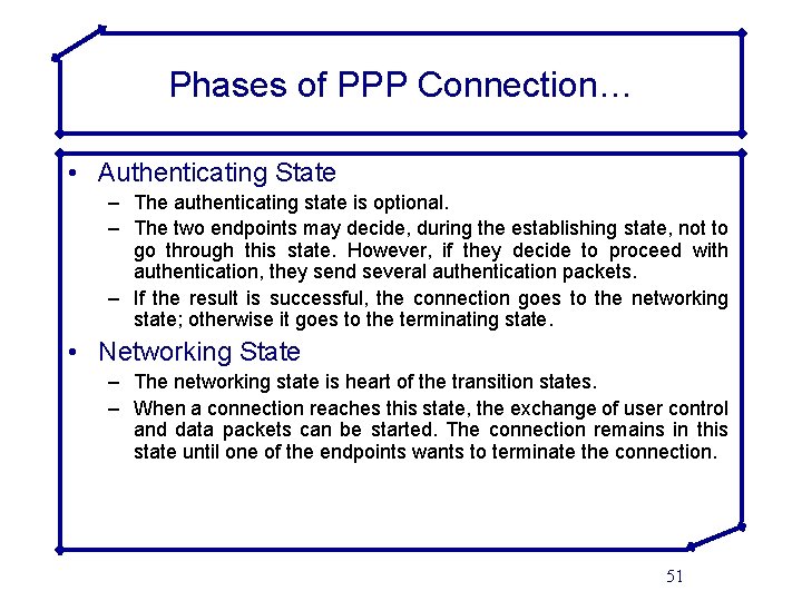 Phases of PPP Connection… • Authenticating State – The authenticating state is optional. –