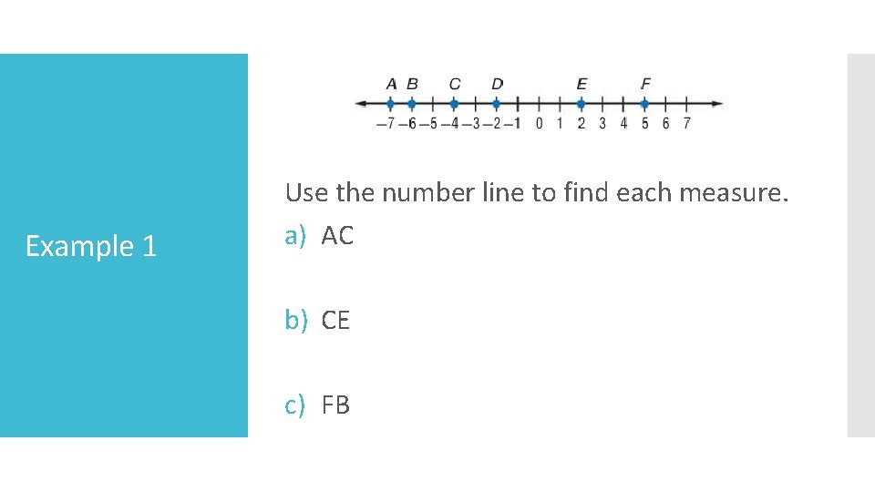 Example 1 Use the number line to find each measure. a) AC b) CE