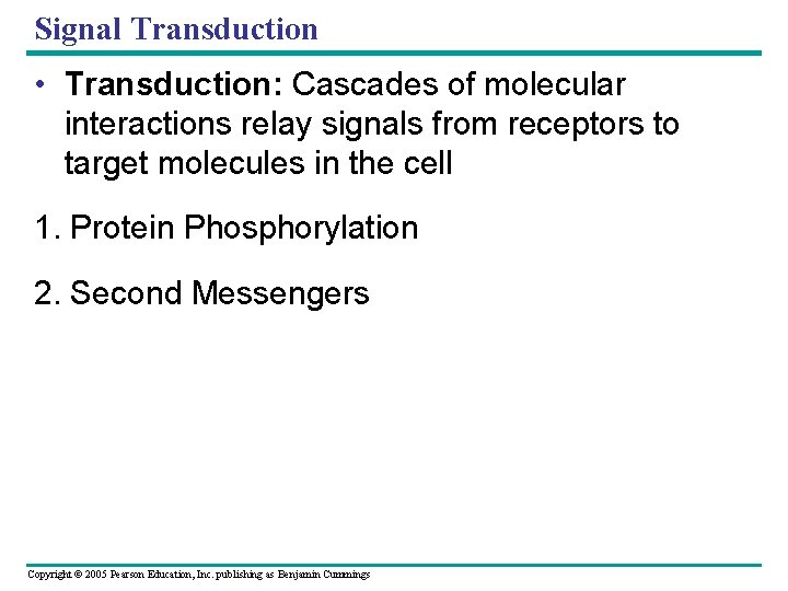 Signal Transduction • Transduction: Cascades of molecular interactions relay signals from receptors to target