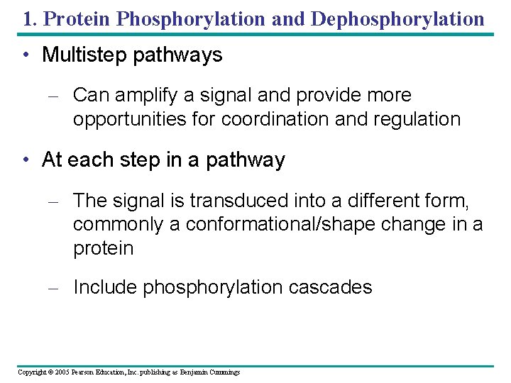 1. Protein Phosphorylation and Dephosphorylation • Multistep pathways – Can amplify a signal and