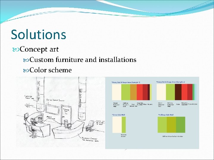 Solutions Concept art Custom furniture and installations Color scheme 