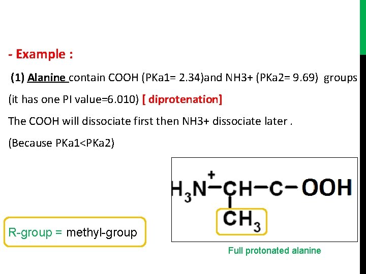 - Example : (1) Alanine contain COOH (PKa 1= 2. 34)and NH 3+ (PKa