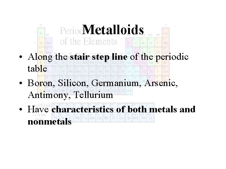 Metalloids • Along the stair step line of the periodic table • Boron, Silicon,