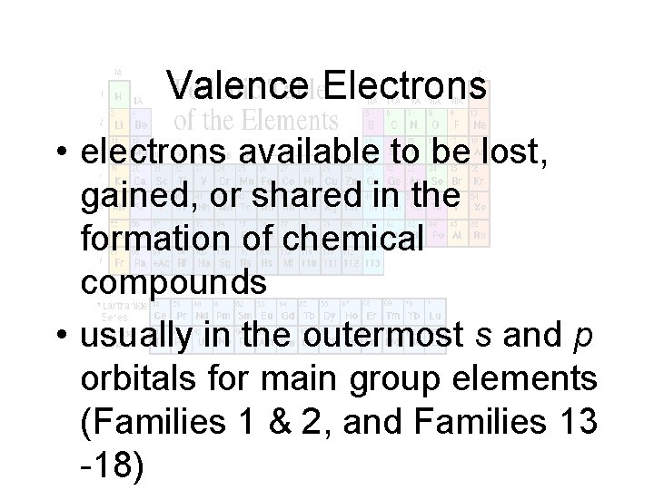 Valence Electrons • electrons available to be lost, gained, or shared in the formation