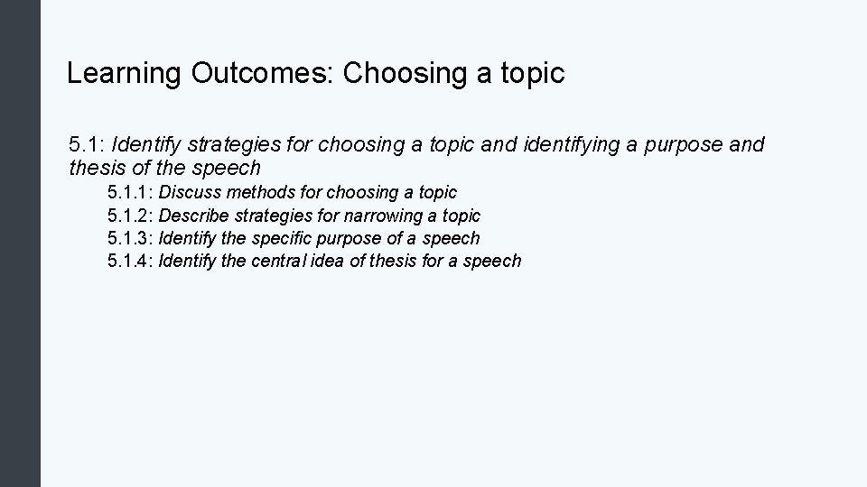 Learning Outcomes: Choosing a topic 5. 1: Identify strategies for choosing a topic and