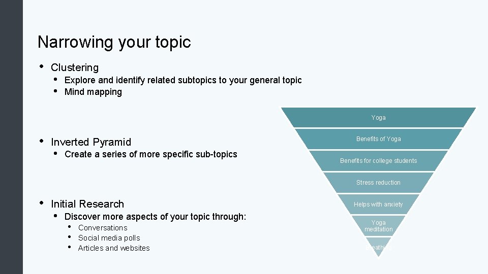 Narrowing your topic • Clustering • • Explore and identify related subtopics to your