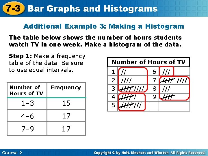7 -3 Bar Graphs and Histograms Additional Example 3: Making a Histogram The table