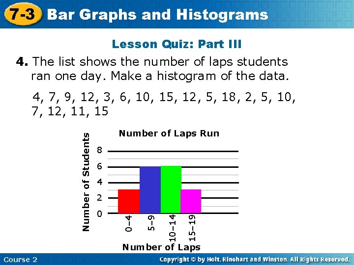 7 -3 Bar Graphs and Histograms Lesson Quiz: Part III 4. The list shows