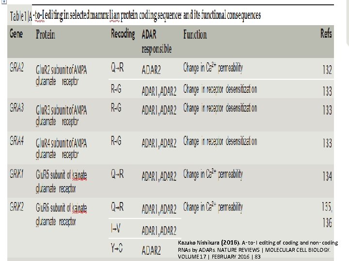 Kazuko Nishikura (2016). A‑to‑I editing of coding and non‑coding RNAs by ADARs. NATURE REVIEWS