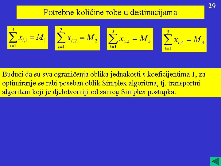 Potrebne količine robe u destinacijama Budući da su sva ograničenja oblika jednakosti s koeficijentima