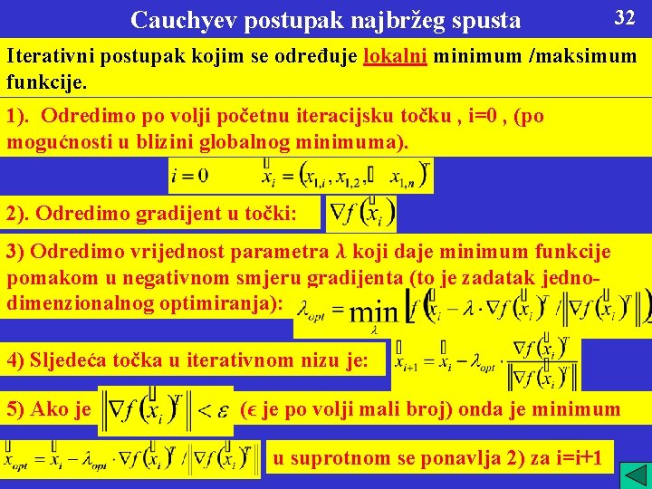 Cauchyev postupak najbržeg spusta 32 Iterativni postupak kojim se određuje lokalni minimum /maksimum funkcije.