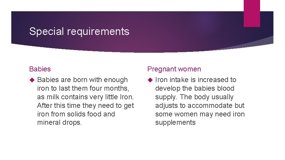 Special requirements Babies are born with enough iron to last them four months, as